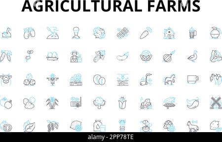 Lineare Symbole für landwirtschaftliche Betriebe. Ernte, Vieh, Getreide, Bewässerung, Dünger, Traktor, Bodenvektorsymbole und Linienkonzepte. Samen Stock Vektor