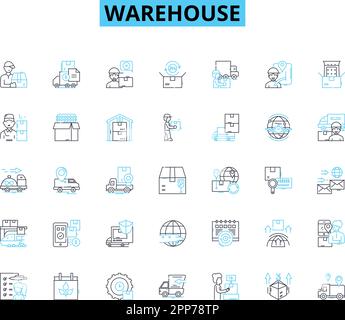 Lineare Symbole für Lager festgelegt. Logistik, Logistik, Bestand, Lagerung, Fulfillment, Paletten, Vektor der Sendungsposition und Konzeptschilder. Wird Geladen Stock Vektor