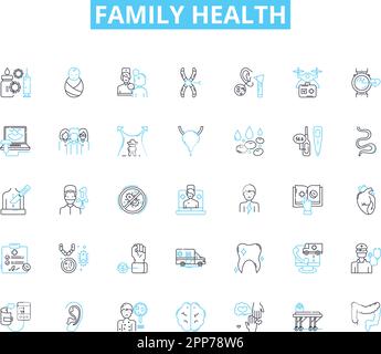 Lineare Symbole für Familienzustand festgelegt. Ernährung, Bewegung, Hygiene, Schlaf, Impfstoffe, Prävention, Medizinlinienvektor und Konzeptzeichen. Vorsorgeuntersuchungen, Therapie Stock Vektor