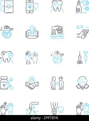 Zahnpflege Linearsymbolsatz. Zahnseide, Bürsten, Mundspülung, Fluorid, Hohlraum, Plaque-, Tartarlinienvektor- und Konzeptzeichen. Zahnspangen, Whitening Stock Vektor