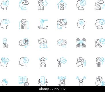 Lineare Symbole für kognitive Fähigkeiten gesetzt. Intelligenz, Verständnis, Gedächtnis, Wahrnehmung, Argumentation, Logik, Warnlinienvektor und Konzeptzeichen. Konzentrier Dich Stock Vektor