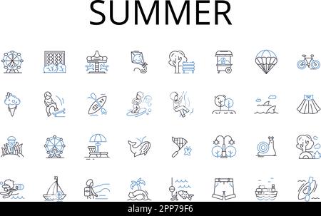 Summer Line Icons Kollektion. Hitzewelle, Sonnenschein, hohe Temperaturen, Strandtage, Urlaubszeit, Verbrannte Tage, sonniger Himmel und lineare Darstellung Stock Vektor