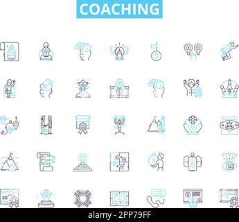 Lineare Symbole für Coaching festgelegt. Mentoring, Anleitung, Befähigung, Unterstützung, Entwicklung, Anregung, Motivationslinienvektor und Konzeptschilder Stock Vektor