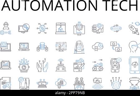 Symbolsammlung für die Automationstechnik. Digitale Tools, Virtual Reality, Robotikindustrie, maschinelles Lernen, KI-Software, Unternehmenseffizienz, intelligent Stock Vektor