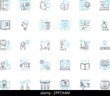 Lineare Symbole für digitale Anweisungen eingestellt. E-Learning, virtuell, Online, Multimedia, interaktiv, Lehrreiche, webbasierte Linienvektor- und Konzeptschilder Stock Vektor