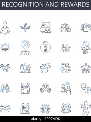 Kollektion mit Symbolen für die Linien „Anerkennung und Belohnungen“. AdWords, Bing, Klicks, Konvertierungen, Kosten, CTR-Klickrate, Vektor des Qualitätsscores und linear Stock Vektor