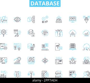 Lineare Datenbanksymbole festgelegt. Abrufen, Normalisierung, Interoperabilität, Partitionierung, Sharding, Backup-, Clustering-Linienvektor- und Konzeptzeichen Stock Vektor