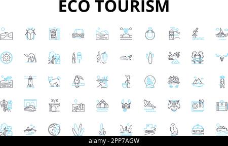 Eco Tourism – Lineare Symbole gesetzt. Nachhaltig, Tierwelt, Abenteuer, Grün, Naturschutzgebiet, Naturschutz, Naturvektorsymbole und Linienkonzepte Stock Vektor