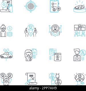 Lineare Symbole für Beruf und Zugangsdaten festgelegt. Rechtsanwalt, Ingenieur, Arzt, Buchhalter, Lehrer, Linienvektor- und Konzeptzeichen des Architekten, Beraters Stock Vektor