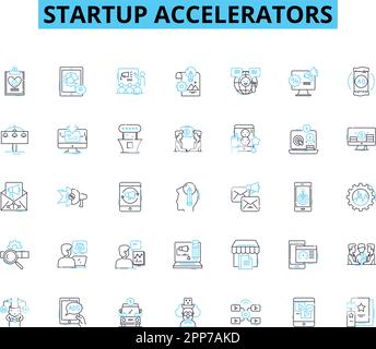 Lineare Symbole für Startup Accelerators festgelegt. Gründerzentrum, Mentorenschaft, Seed-Finanzierung, Innovation, Kohorte, Kollaboration, Nerk Line Vector und Concept Signs Stock Vektor