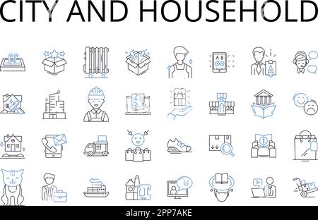 Symbolsammlung für Stadt und Haushalt. Stadtverwaltung, Metropolis, Stadtmitte, Megalopolis, Stadtverwaltung, Hauptstadt, Stadtvektor und lineare Darstellung Stock Vektor
