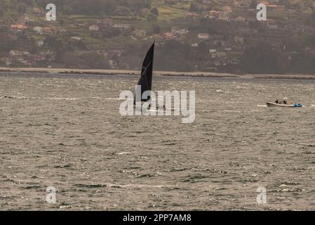 Sanxenxo, pontevedra, Spanien. april 22., 2023. Die Boote und Besatzung der Segelboote, die an der ersten spanischen Cup-Regatta teilgenommen haben. Mit Ausnahme der Bribon, das Boot, das von König Juan Carlos I. gefangen gehalten wird Kredit: xan gasalla / alamy Live News. Stockfoto