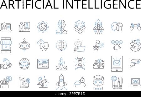Kollektion künstlicher Intelligenz mit Liniensymbolen. Maschinelles Lernen, kognitives Computing, digitale Automatisierung, autonome Systeme, Roboterintelligenz Stock Vektor