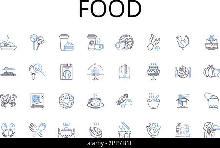 Food Line Icons Kollektion. Getränk, Küche, Grub, Nahrung, Nachspeise, Chow, frisst Vektor und lineare Darstellung. Schilder für Speisen, Mahlzeiten, Snacks Stock Vektor