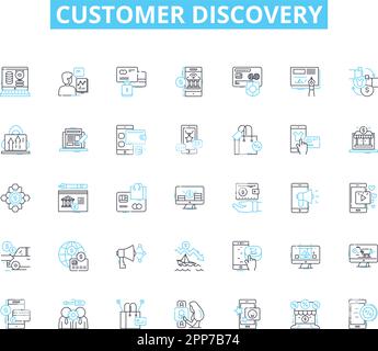 Lineare Symbole für Kundenermittlung festgelegt. Einblicke, Feedback, Forschung, Validierung, Untersuchung, Interviews, Linienvektor und Konzeptzeichen Stock Vektor