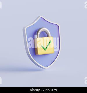 Digitaler Datenschutz. Abschirmung mit Vorhängeschloss und Häkchen. 3D-Darstellung rendern Stockfoto