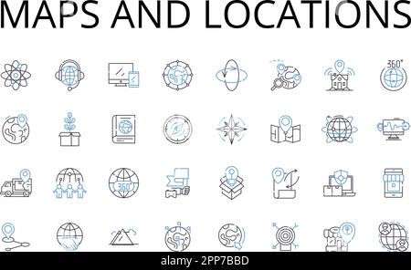 Sammlung der Liniensymbole für Karten und Standorte. Kartografie, Geolokalisierung, Topographie, Atlas, Navigation, Terrain, Geocaching-Vektor und lineare Darstellung Stock Vektor