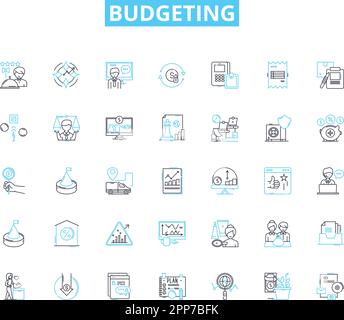 Lineare Symbole für die Budgetierung festgelegt. Planung, Einsparungen, Ausgaben, Einnahmen, Sparsamkeit, Schulden, Analyse Linienvektor und Konzeptzeichen. Steuerung, Überwachung, Optimierung Stock Vektor