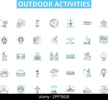 Lineare Symbole für Aktivitäten im Freien festgelegt. Wandern, Camping, Angeln, Jagen, Bootstouren, Kajakfahren, Kanufahren, Linienvektor und Konzeptschilder. Felsklettern Stock Vektor