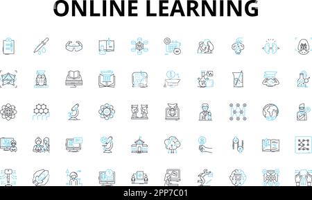 Lineare Symbole für Online-Lernen. E-Learning, Fernunterricht, CyberLearning, virtuelles Lernen, webbasiertes Lernen, Fernlernen, online Stock Vektor