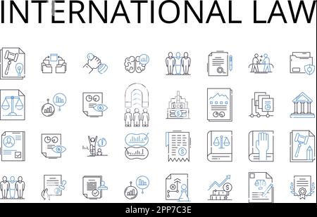 Icons-Sammlung für internationale Rechtslinien. Seerecht, Unternehmensfinanzierung, Umweltwissenschaft, Politikwissenschaft, geistiges Eigentum, Kriminell Stock Vektor