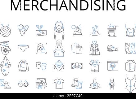 Symbolsammlung für Merchandising-Positionen. Einzelhandel, Verkauf, Marketing, Werbung, Präsentation, Anzeigen, Darstellen von Vektoren und linearen Darstellungen Stock Vektor