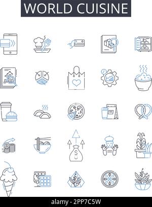 Ikonensammlung der World Cuisine Line. Smartph, Tablet, Smartwatch, Fitness-Tracker, Wearables, Virtueller Assistent, intelligenter Lautsprechervektor und linear Stock Vektor