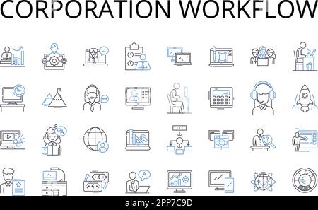 Symbolsammlung für Unternehmens-Workflow-Zeilen. Unternehmensprozess, Geschäftsbetrieb, Unternehmensmechanismus, Organisationsverfahren, Firmenprotokoll Stock Vektor