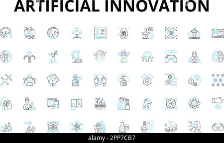 Künstliche Innovation, lineare Symbole. Automatisierung, Robotik, maschinelles Lernen, Nanotechnologie, Virtualisierung, Cyborgs, Teleoperation Vektorsymbole und Stock Vektor