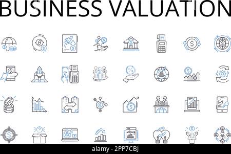 Symbolsammlung für Bewertungslinien für Unternehmen. Bewertung von Vermögenswerten, Bewertung von Immobilien, Unternehmenswert, Bewertung von Eigenkapital, Prüfung von Investitionen, Marktbewertung Stock Vektor