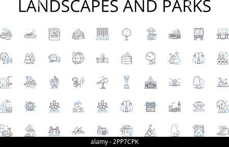 Ikonensammlung für Landschaften und Parks. Prüfung, Beurteilung, Bewertung, Kritik, Prüfung, Interpretation, Urteilsvektor und linear Stock Vektor