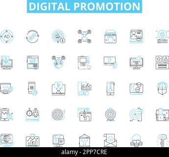 Lineare Symbole für digitale Werbung. Marketing, Werbung, Branding, Kampagnen, CTR, Konvertierung, Linienvektor und Konzeptzeichen. PPC Stock Vektor