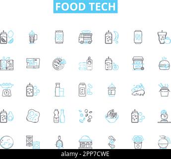 Lineare Symbole für die Lebensmitteltechnologie eingestellt. Automatisierung, biologisch abbaubar, Biosensoren, Blockchain, Co-Packaging, Kultivierung, Vektor- und Konzeptzeichen der Förderleitung Stock Vektor