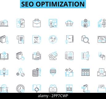 Lineare Symbole für SEO-Optimierung festgelegt. Schlüsselwörter, Organisch, Ranking, Traffic, Algorithmus, Backlinks, SERP-Linienvektor und Konzeptzeichen. Metatags, Analysen Stock Vektor