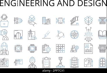 Symbolsammlung für Engineering- und Designlinien. Artikulieren Sie den Diskurs, kühne Vorstellungskraft, kreativer Einfallsreichtum, dynamische Innovation, effektive Ergebnisse, Fließend Stock Vektor