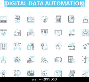 Lineare Symbole für die digitale Datenautomatisierung. Algorithmus, Analysen, Automatisierung, Backend, Big Data, Cloud, Code Line Vector und Concept Signs. Daten Stock Vektor