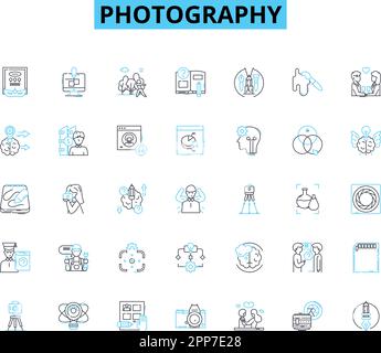 Einstellung der linearen Fotosymbole. Belichtung, Blende, Verschluss, Fokus, Zusammensetzung, Licht, Schatten Linienvektor und Konzeptzeichen. Kontrast, Tiefe, Winkel Stock Vektor