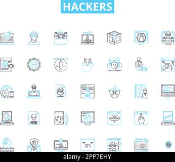 Lineare Symbole für Hacker gesetzt. Cyberkriminelle, Eindringlinge, Cracker, Hacktivisten, Black Hats, Weiße Hüte, Rogue-Line-Vektor und Konzeptschilder. Spione Stock Vektor
