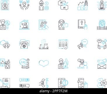 Lineare Symbole für die Beziehung zum Schutzpatron gesetzt. Vertrauen, Beziehung, Kommunikation, Loyalität, Partnerschaft, Engagement, Verständnis von Linienvektoren und Konzeptzeichen Stock Vektor