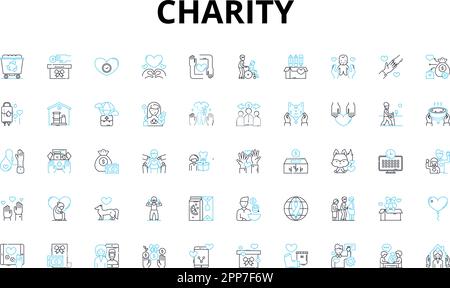 Lineare Symbole für wohltätige Zwecke festgelegt. Philanthropie, Großzügigkeit, Altruismus, Mitgefühl, Geben, Wohltätigkeit, Spenden von Vektorsymbolen und Linienkonzepten Stock Vektor