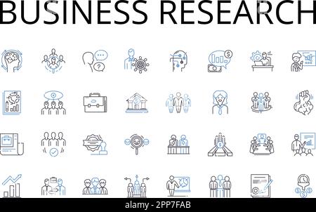 Symbolsammlung für Unternehmensforschungslinien. Marktanalyse, Wirtschaftsstudie, Finanzforschung, Umweltprüfung, Verbraucherforschung, Industrie Stock Vektor