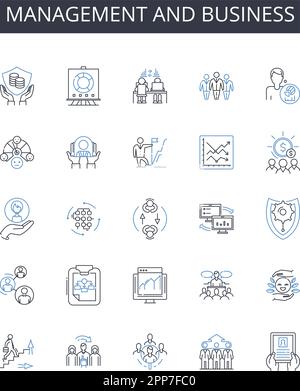 Symbolsammlung für Management und Geschäftsbereiche. Administration, Leadership, Governance, Supervision, Direction, Kontrolle, Koordinationsvektor und linear Stock Vektor