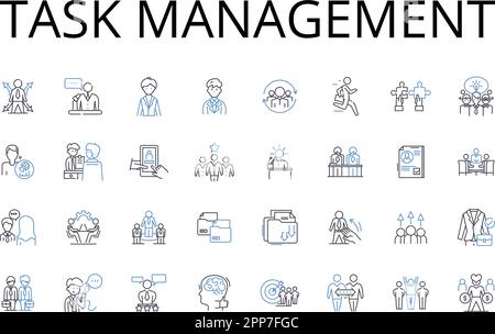 Sammlung der Positionssymbole für die Aufgabenverwaltung. Zeitmanagement, Projektplanung, Aufgabenzuweisung, Verfolgung von Verantwortlichkeiten, Workflow-Organisation, Zielsetzung Stock Vektor