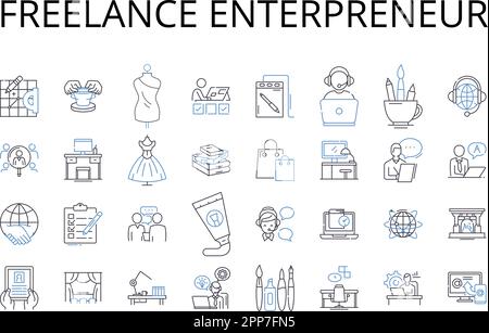 Freelance Enterpreneur Line Icons Kollektion. Einzelunternehmer, unabhängiger Auftragnehmer, Selbstständiger, Freiberufler, Nebenabnehmer, Digitale Nomade Stock Vektor