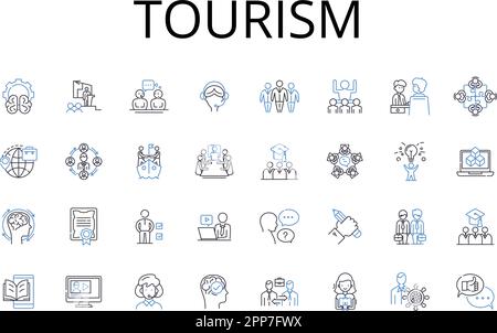 Tourism Line Icons Kollektion. Reisebranche, Urlaubsgeschäft, Gastgewerbe, Sightseeing-Markt, Exkursionsgeschäft, Freizeitindustrie Stock Vektor