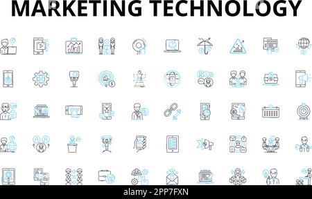 Lineare Symbole für Marketingtechnologie. Analysen, Automatisierung, Chatbot, Inhalte, Konvertierung, CRM, Datenvektorsymbole und Linienkonzepte. Digital Stock Vektor