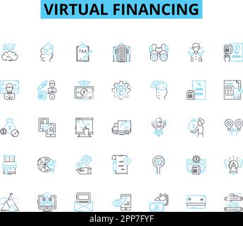 Lineare Symbolgruppe für virtuelle Finanzierung. Kryptowährung, NFTs, Blockchain, Crowdfunding, Defi, Stablecoin, ICO-Linienvektor und Konzeptzeichen. Klug Stock Vektor