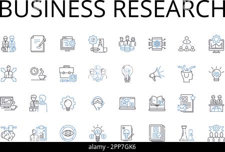 Symbolsammlung für Unternehmensforschungslinien. Marktanalyse, Wirtschaftsstudie, Finanzforschung, Umweltprüfung, Verbraucherforschung, Industrie Stock Vektor