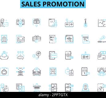 Lineare Symbole für Verkaufsförderung festgelegt. Rabatt, Räumung, Verkauf, Rabatt, Coupon, Freebie, BOGO-Linienvektor und Konzeptzeichen. Gewinnspiel, Wettbewerb, Angebot Stock Vektor
