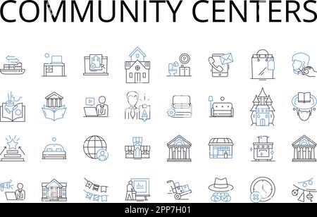 Kollektion der Liniensymbole der Community Center. Bildungseinrichtungen, Kulturzentren, Sozialräume, Freizeitzentren, Bürgerorganisationen, Aktivitätszentren Stock Vektor